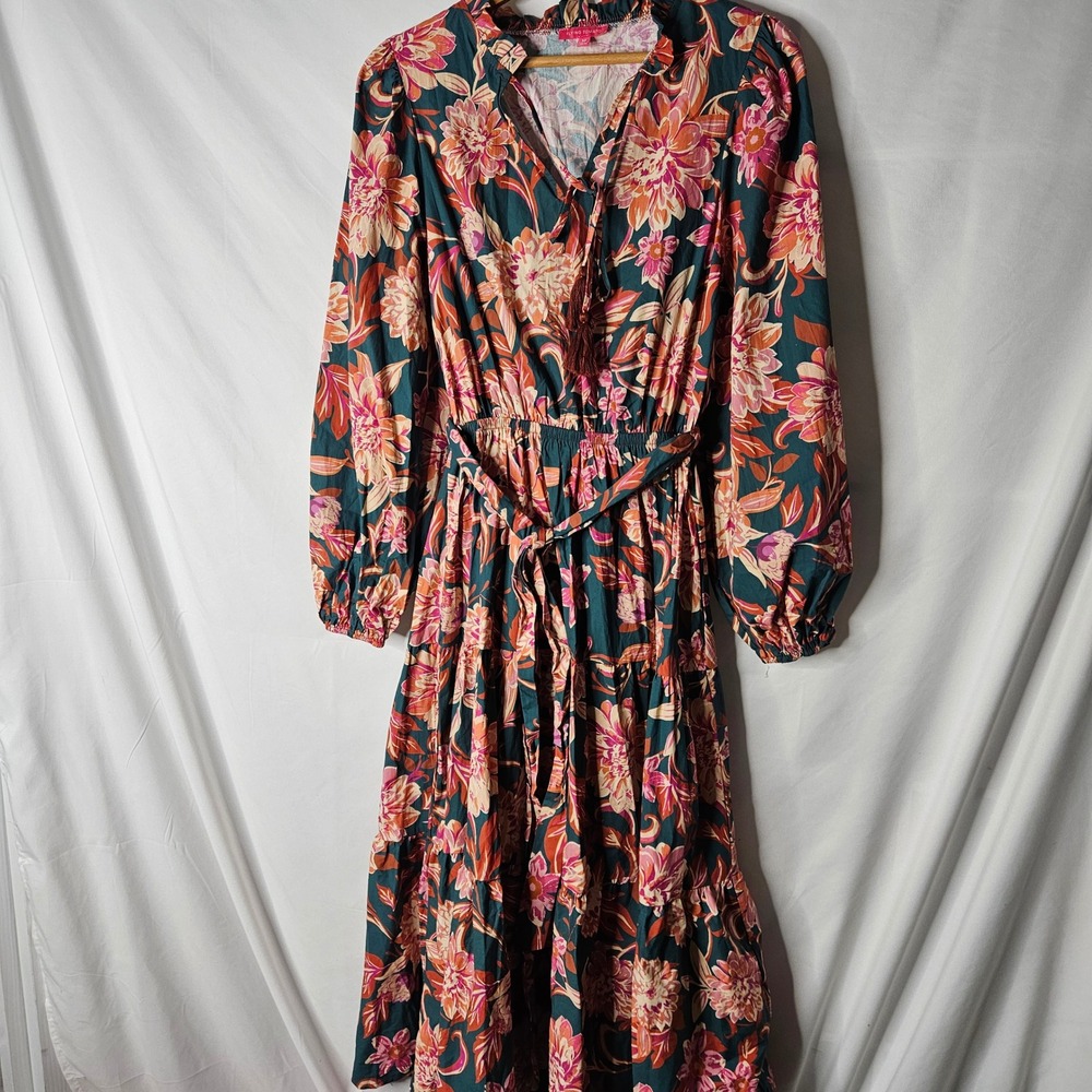 Flying Tomato Teal Waters Bloom Midi 100% Cotton Dress sz M